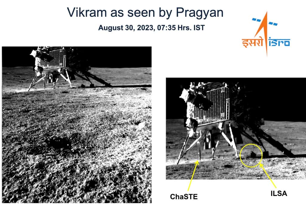 Dans la légende de l'image, l'Isro montre l'emplacement de deux instruments scientifiques à bord de Vikram, déployés pour prendre leurs mesures : l'expérience ChaSTE mesurant des profils de températures, et le sismomètre ILSA. © Isro