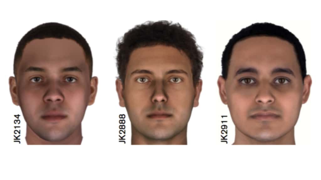 Les différences génétiques calculées entre les trois momies ont permis à un artiste de représenter le visage des hommes à l'âge de 25 ans. © Parabon Nanolabs