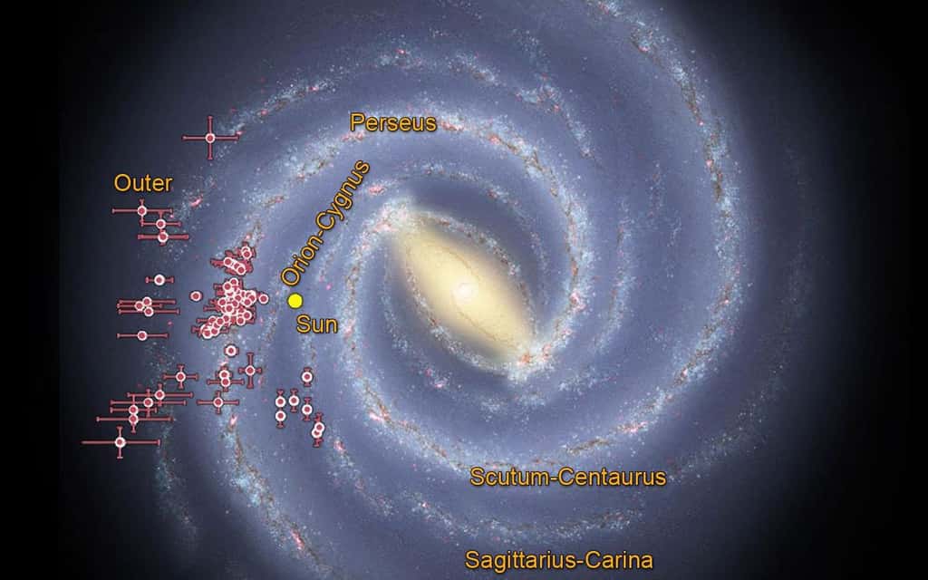 Une carte montrant certains des amas ouverts de type EC découverts dans les données du télescope Wise de la Nasa. Les barres indiquent des incertitudes concernant ces amas. © Nasa