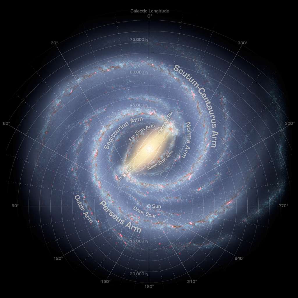 Une carte probable de la structure spirale de la Voie lactée avec la position du Soleil (sun). © Nasa