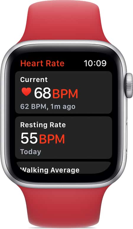 Une montre connectée affiche la fréquence cardiaque instantanée, mais aussi la moyenne de la journée et la fréquence au repos © Apple 