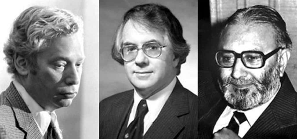 De gauche à droite, les prix Nobel de physique 1979 : Steven Weinberg, Sheldon Glashow, Abdus Salam. Le modèle unifié des forces nucléaire faible et électromagnétique qu'ils ont proposé en 1967 ne s'est imposé qu'à la fin des années 1970, après la renaissance de la théorie quantique des champs. © <em>The Nobel Foundation</em>