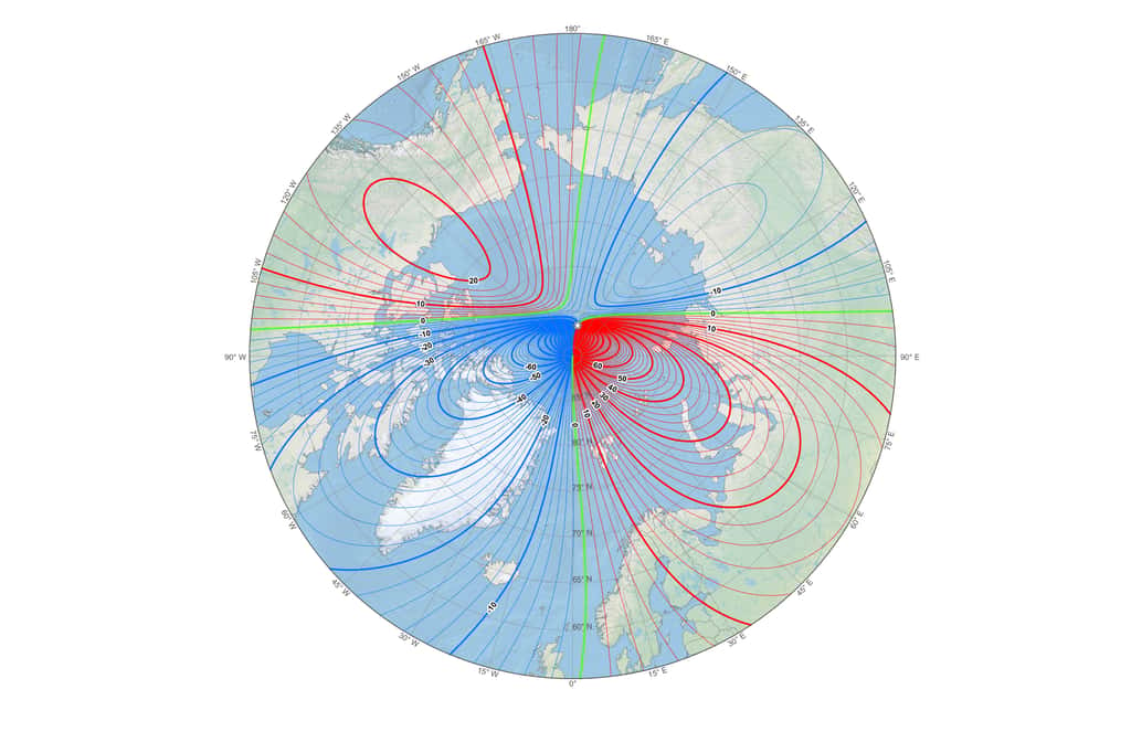 Carte indiquant la nouvelle position du pôle Nord magnétique (petite étoile blanche) et la déclinaison en ce début d'année 2019. © NOAA NCEI/CIRES.