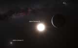 Il y a peut-être une ou plusieurs planètes autour d’Alpha Centauri B, à 4,3 années-lumière du Soleil. Sur cette vue d’artiste, on peut la voir représentée ainsi qu’Alpha Centauri A, autre étoile majeure du système triple. La petite naine rouge Proxima Centauri, l’étoile la plus proche du Soleil, n’apparaît pas. Comme on peut le voir, le Soleil (Sun) est une des étoiles les plus brillantes vues de là-bas. Peut-être obtiendrons-nous de véritables images de ce système avant 2100 grâce au projet&nbsp;Breakthrough Starshot. © Eso, L. Calçada, Nick Risinger
