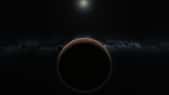 Vue d'artiste de la planète naine 2007 OR10, accompagnée de sa lune. 2007 OR10 est le quatrième plus gros objet de la ceinture de Kuiper, derrière Pluton, Éris et Haumea, et le plus gros objet encore innommé du Système solaire. © Alex H. Parker