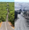 La route menant au parc national de Flinders Chase sur l'île de Kangourou avant et après les incendies. © Facebook