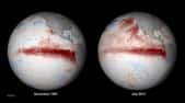 En 1997-1998, la planète a connu un épisode puissant d'El Niño. L'image de gauche montre les anomalies de température des eaux de surface de l'océan Pacifique (en rouge pour les eaux les plus chaudes) près de l'apogée du phénomène, en novembre 1997. Les températures relevées en juillet 2015 (à droite) montrent que l'événement El Niño pourrait atteindre la même ampleur. © NOAA