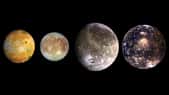 Montage des quatre lunes galiléennes de Jupiter. De gauche à droite : Io, Europe, Ganymède et Callisto, photographiées individuellement par le vaisseau spatial Galileo durant la période 1996–97. © Nasa, JPL, DLR
