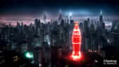 Une bouteille de Coca Cola géant trône au milieu d'une ville futuriste. @ Clipdrop / Dreamstudio
