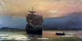Le navire Mayflower arrivant dans la baie de Plymouth en 1620. Des colons débarquent dans une chaloupe. Tableau peint par William Halsall en 1882, Pilgrim Hall Museum, Plymouth, Massachusetts, États-Unis. © Wikimedia Commons, domaine public.