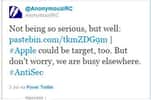 Sur Twitter, la communauté Anonymous menace : « Apple pourrait être une cible ». © Twitter