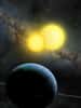 Une vue d'artiste de Kepler 35b en orbite autour de ses soleils.  © Lynette Cook