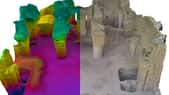 Une mosquée en photographie, à droite, et la version en réalité augmentée, à gauche, où les couleurs indiquent une hauteur. Les archéologues commencent à travailler avec ce genre de nouveaux outils. © Iconem