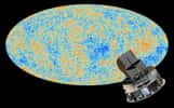 Une vue d'artiste du satellite Planck devant la carte des fluctuations de températures du fond diffus cosmologique, le rayonnement fossile du Big Bang. © ESA