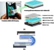 Schéma de l'écran pliable de Samsung présenté au début de l'année 2011. Les deux moitiés de l'écran (AMOLED Panel 1 et AMOLED Panel 2) sont protégées par une lame de verre (Protective Cover Glass) et sont réunies par un matériau élastique (Hyperelastic Material), déformable et au niveau duquel il n'y a pas d'affichage. Sur le dessin (b), on note que l'une des deux parties de l'écran est incluse dans le matériau hyperélastique tandis que l'autre est fixée sur sa surface. Une fois dépliées, les deux moitiés ne sont donc pas tout à fait dans le même plan. © Samsung
