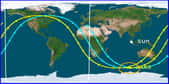 La dernière prédiction Centre for Orbital and Reentry Debris Studies, vendredi soir vers minuit (heure française). La ligne bleue représente la trajectoire prévue juste avant l'entrée dans l'atmosphère. Le point jaune, marqué UARS, indique l'endroit prévu de la pénétration dans l'atmosphère. L'ellipse indique la région où un observateur aurait voir l'entrée dans l'atmosphère. La ligne jaune est la trajectoire prévue ensuite. Le satellite commence alors à se désintégrer. © Centre for Orbital and Reentry Debris Studies
