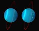 Image infrarouge prise depuis le télescope Keck II équipé d'optique adaptative, et reproduite en fausses couleurs où le bleu, le vert et le rouge représentent 1,26, 1,62 et 2,1 microns de longueur d'onde. Crédit : L. Sromovsky, Univ. Wisconsin, Keck obs.