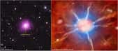 L'image de gauche montre l’amas du Phénix récemment découvert et situé à environ 5,7 milliards d'années lumière de la Terre. C’est une photo composite comprenant une image en rayons X de Chandra (violet), une image dans le visible prise avec le télescope Blanco (rouge, vert et bleu), et un rayonnement ultraviolet (UV) pris par le satellite Galaxy Evolution (Galex) en bleu. L’image d’artiste de droite montre la galaxie centrale de l’amas contenant un trou noir supermassif alimenté par des courants de gaz. © Rayon X : Nasa/CXC/MIT/M. McDonald ; UV: Nasa/JPL-Caltech/M. McDonald ; visible : Aura/NOAO/CTIO/MIT/M. McDonald ; illustration : Nasa/CXC/M.Weiss