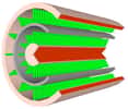 Voici une vue schématisée du câble-batterie inventé par des chercheurs de l’université centrale de Floride. Au cœur du câble, un fil de cuivre entouré d’une gaine hérissée de « nanobarbes » (en vert) traitées pour créer une électrode. Cette première couche est isolée (gaine gris foncé) afin d’ajouter la seconde électrode elle-même composée de nanobarbes. Les deux structures cohabitent, l’une faisant circuler l’électricité, l’autre la stockant. © Université de Floride centrale