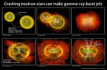Ces images, extraites de la vidéo ci-dessus, montrent la fusion de deux étoiles à neutrons simulée à l'aide d'un supercalculateur. Les lignes blanches et vertes représentent des champs magnétiques et les couleurs allant vers le rouge des densités de matière de plus en plus faibles. Les étoiles à neutrons en orbite l’une autour de l’autre s’approchent rapidement, perdant de l'énergie en émettant des ondes gravitationnelles. Elles fusionnent après environ trois orbites en moins de 8 millisecondes. La fusion amplifie et tord  les lignes de  champ magnétique qui deviennent très torturées et un trou noir (black hole) peut éventuellement finir par se former. Les lignes de champ magnétique deviennent finalement plus organisées en adoptant une structure qui rappelle les lignes de courant d’un jet de matière, ce qui produit de courtes bouffées de rayons gamma. © Nasa
