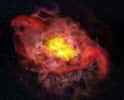 La galaxie A1689-zD1, ici en vue d’artiste, se révèle plus grande et plus complexe que les astronomes l’avaient pensé. Un halo de carbone froid, par exemple – ici en rose –, s’étend bien au-delà de son cœur. © Alma (ESO/NAOJ/NRAO), B. Saxton (NRAO/AUI/NSF)