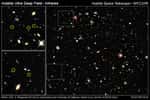 A gauche, des zooms sur l'image du Hubble Ultra Deep Field montrent dans des cercles jaunes des galaxies dont les âges ont été estimés entre 12,9 et 13,1 milliards d'années. Crédit : Nasa, Esa, G. Illingworth, R. Bouwens (University of California, Santa Cruz), the HUDF09 Team