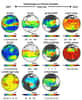 Cartes mensuelles (juillet 2008) des variables climatiques essentielles observées par le sondeur Iasi embarqué sur Metop-A. Disponibles depuis juillet 2007, les observations de Iasi offrent la possibilité de suivre ces variables climatiques essentielles sur le long terme.
Légende : distribution des nuages hauts (a), des nuages bas (b) et variation diurne de ces nuages (c) ; contenu en gaz à effet de serre : CO2 (d), CH4 (e) et CO (f) ; poussières désertiques : épaisseur optique (g), altitude (h) et taille des particules (i) ; surface : température (j) et émissivité (k). © LMD/CNRS
