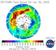 Niveau de la couche d'ozone le 30/01/2005 :valeur normale = 300 u. Dobson, trou < 220 u. Dobsoncrédit : TOMS (NASA)