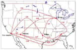 Quelques liens du réseau des lignes aériennes reliant les aéroports nord-américains, le poids des connexions mesurant le nombre de sièges disponibles (millions/an). &copy; LPT, CNRS - CEA.
