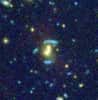 Exemple de mirage gravitationnel dans un groupe de galaxies découvert dans les images profondes du sondage CFHT-LS.  Ce mirage est provoqué parun groupe de galaxies (SL2SJ021408-053532), visible au centre de l'image en jaune. &copy; CFHT. CNRS/INSU.