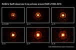 Cette suite d'images prises par Swift sur une période de quelques jours montre la progression de flashes de rayons X provoquant l'illumination de nuages de gaz et de poussières entourant le magnétar SGR J1550-5418. Crédit : Nasa/Swift/Jules Halpern