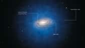 On pense que la Voie lactée (Milky Way) est entourée d'un halo sphérique de matière noire (Dark Matter Halo) représenté en bleu sur cette image d'artiste. Sur la gauche, on voit le volume où se trouvent les 400 étoiles étudiées dont on pensait qu'elles défiaient le modèle standard de la matière noire. © ESO/L. Calçada