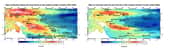 Variabilité régionale des vitesses de variation du niveau de la mer dans le Pacifique tropical ouest (en mm/an) mesurées par les satellites altimétriques entre 1993 et 2009 (à gauche) et reconstruites par les auteurs entre 1950 et 2009 (à droite).