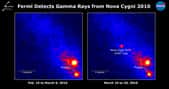 Le Large Area Telescope de Fermi ne montre aucun signe d'une nova pour V407 Cyg 19 jours avant le 10 mars 2010 (à gauche), mais l'éruption est évidente par la suite (à droite). Les images montrent le taux de rayons gamma dont les photons ont des énergies supérieures à 100 millions d'électron-volts (100 MeV); les couleurs vives indiquent les taux les plus élevés. Crédit : Nasa / DOE / Collaboration LAT Fermi