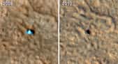 Les images de Phoenix prises par l'orbiteur MRO montrent la détérioration des panneaux solaires à la sortie de l'hiver martien. Crédit : Nasa/ JPL-Caltech/ University of Arizona