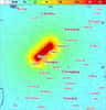 Carte de l'intensité du séisme. En rouge, la zone la plus affectée. L'intensité va en décroissant du rouge au bleu. La couleur bleue indiquant l'absence de destruction et le rouge des dommages très importants. Crédit : USGS