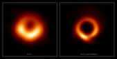 Des chercheurs ont amélioré la première image obtenue en 2019 d’un trou noir supermassif, à gauche, avec l’aide d’une intelligence artificielle, à droite. © L. Medeiros (Institute for Advanced Study), D. Psaltis (Georgia Tech), T. Lauer (NSF’s NOIRLab), and F. Ozel (Georgia Tech)