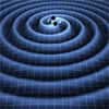 Une représentation d'artiste des ondes gravitationnelles se propageant dans le tissu de l'espace-temps et rayonnées par un couple de trous noirs spiralant l'un vers l'autre en perdant de l'énergie suite à l'émission de ces ondes. Crédit : K. Thorne (Caltech)-T. Carnahan (Nasa GSFC)