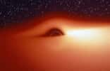 Le champ de gravitation d'un trou noir déforme fortement l'image du disque d'accrétion qui l'entoure et qui contient un plasma chaud et lumineux en rotation autour de l'astre. On peut s'en rendre compte avec cette image, extraite d'une simulation de ce que verrait un observateur s'approchant de l'astre compact selon une direction légèrement inclinée au-dessus du disque d'accrétion. La partie du disque située derrière le trou noir semble tordue à 90° et devient visible au-dessus du trou noir. Du fait du décalage Doppler, le disque d'accrétion est plus lumineux d'un côté que de l'autre. Jean-Pierre Luminet a fait la première simulation de ces images en 1979, bien avant celle montrée dans Interstellar qui contient, fiction oblige, quelques simplifications trompeuses. © Jean-Pierre Luminet, Jean-Alain Marck&nbsp;