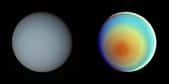 Uranus photographiée par la sonde Voyager 2 le 17 janvier 1986. L'image de droite est en fausses couleurs. © Nasa/JPL
