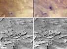 Les images transmises par la sonde MRO « avant » et « après » sur lesquelles a été repéré le cratère d'impact. En bas, les photographies monochromes ont été prises par l'instrument CTX, le 16 janvier 2012 (à gauche) et le 6 avril 2014 (à droite), montrant une zone d'environ 1,5 km de côté. Les deux images en couleur ont été saisies par Marci (Mars Color Imager) le 27 mars 2012 (à gauche) et le 28 mars 2012 (à droite). © Nasa/JPL-Caltech/MSSS
