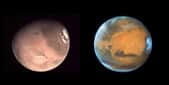 Deux images de Mars acquises en mai 2016, celle de gauche par le télescope spatial Hubble, alors situé à près de 76 millions de kilomètres de la Planète rouge, et celle de droite par une petite caméra de la sonde Mars Express, alors située à plusieurs centaines de kilomètres du sol martien. © Esa, Nasa