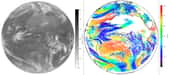 À gauche, une image acquise par l’instrument Seviri à bord du satellite géostationnaire Meteosat de seconde génération, le 5 janvier 2014. À droite, les vents dérivés à partir de cette image, les couleurs représentant l’altitude du vecteur vent. © Eumetsat