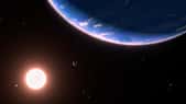 Il s'agit d'une vue d'artiste de l'exoplanète GJ 9827d, la plus petite exoplanète où de la vapeur d'eau a été détectée dans l'atmosphère. La planète pourrait être un exemple de planètes potentielles dotées d’une atmosphère riche en eau ailleurs dans notre Galaxie. Avec seulement environ deux fois le diamètre de la Terre, la planète orbite autour de l'étoile naine rouge GJ 9827. Deux planètes intérieures du système se trouvent sur la gauche. Les étoiles d’arrière-plan sont tracées telles qu’elles seraient vues à l’œil nu en regardant vers notre Soleil. Le Soleil est trop faible pour être vu. L'étoile bleue en haut à droite est Regulus ; l'étoile jaune en bas au centre est Denebola ; et l'étoile bleue en bas à droite est Spica. La constellation du Lion est à gauche et la Vierge à droite. Les deux constellations sont déformées par rapport à notre vision de la Terre à 97 années-lumière. © NASA, ESA, Leah Hustak (STScI), Ralf Crawford (STScI)