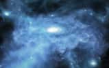 Cette illustration montre une galaxie se formant seulement quelques centaines de millions d'années après le Big Bang, pendant l'ère de la réionisation. Les données du télescope spatial James-Webb de la Nasa montrent qu’il y a beaucoup de gaz neutre et froid à proximité de ces premières galaxies – et que ce gaz pourrait être plus dense que prévu. Webb a observé ces galaxies dans le cadre de son enquête Cosmic Evolution Early Release Science (CEERS) quelques mois après avoir commencé à effectuer des observations en 2022. Le CEERS comprend à la fois des images et des spectres provenant de son NIRSpec (spectrographe proche infrarouge). Les données du CEERS ont été publiées immédiatement pour soutenir des découvertes comme celle-ci dans le cadre du programme Early Release Science (ERS) de Webb. © Nasa, ESA, ASC, Joseph Olmsted (STScI)