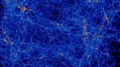 Formation des premières structures aux débuts de l'Univers. Cette simulation numérique montre la formation des grandes structures par l'effet de la gravité dans un cube d'univers de 150 millions d'années-lumière de côté. L'intensité lumineuse mesure la densité et la couleur, la température croissante du gaz (du bleu au rouge). Chaque point brillant est une galaxie en formation. Au croisement des filaments de matière, se développent les grands amas de galaxies. © Film 3D - Horizon Simulations at MareNostrum 2010. CEA