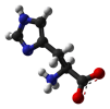L'histidine est un acide aminé avec un cycle imidazole (carbone en noir, oxygène en rouge, azote en bleu et hydrogène en blanc). © Ben Mills, domaine public