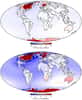 L'ajustement postglacial du Quaternaire : conséquences de la fonte des glaces. Les zones en rouge se soulèvent en raison de la fonte des calottes glaciaires. Les zones bleues s'affaissent en raison d'un remplissage des bassins océaniques consécutif à cette fonte. Le mouvement de la masse est exprimé en mm équivalent d'eau par an (1.000 kg/m3). © Paulson A, Wikipédia, Nasa