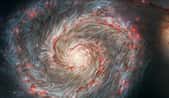Les lignes de champ magnétique de la galaxie du tourbillon ne suivent pas sa structure en spirale. ©Nasa, the SOFIA science team, A. Borlaff; Nasa, ESA, S. Beckwith (STScI), the Hubble Heritage Team (STScI/AURA)