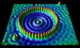 Cette image montre à l'aide d'un microscope à effet tunnel une surface de cuivre d'environ 5 nanomètres où les atomes de cuivre ont été confinés à l'intérieur d'un enclos de 48 atomes de fer. © IBM Almaden Visualization Lab